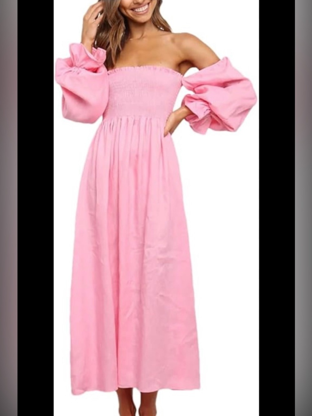 Off-Shoulder Pink Maxi Dress with Balloon Sleeves